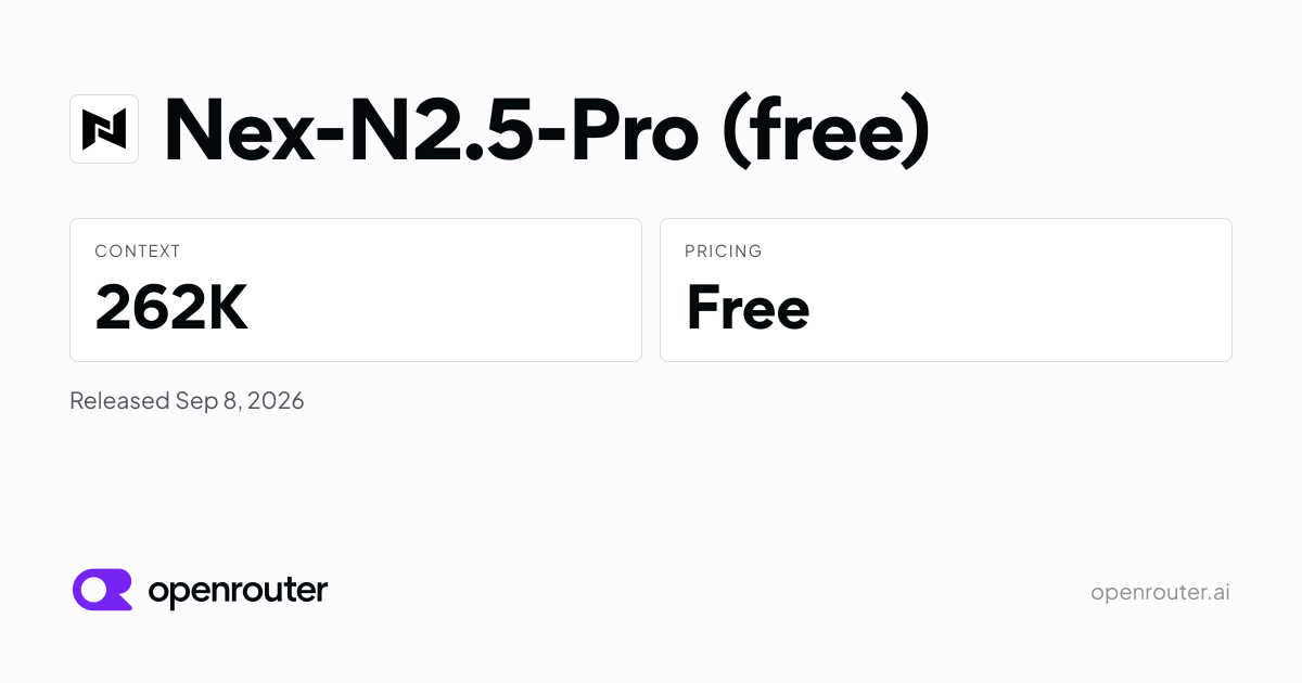 Oferta gratuita do Nex-N2.5-Pro no OpenRouter, observada em 10 de setembro.