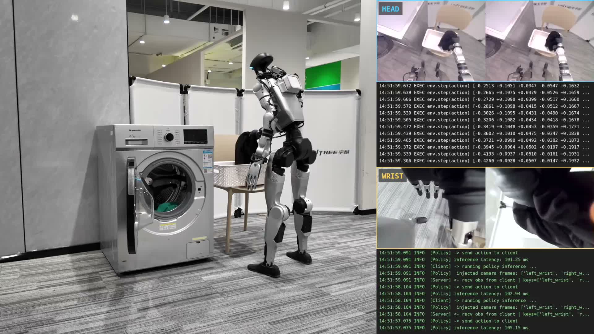 Unitree G1 diante de uma máquina de lavar, com visualizações das câmeras e dados de controle ao lado.