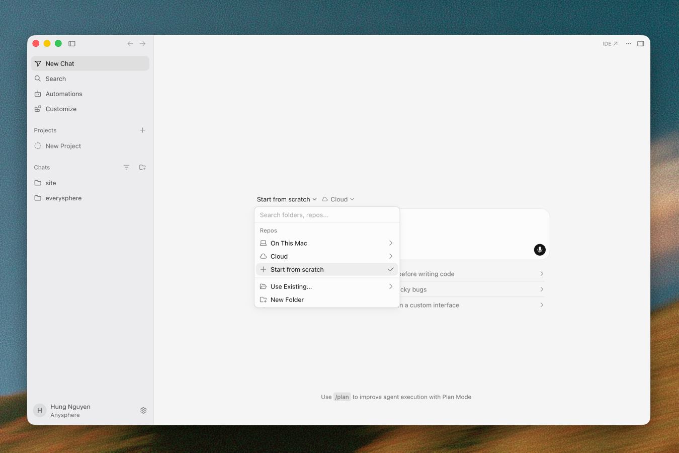 Interface oficial do Cursor com a opção de começar um projeto do zero.