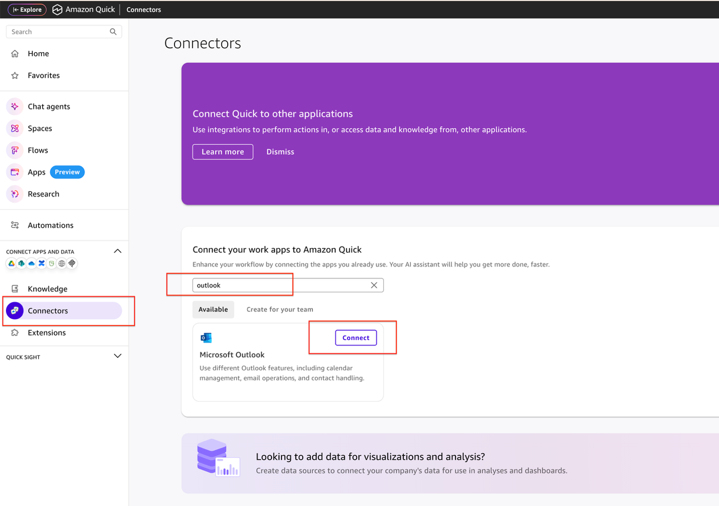 Tela oficial de conexão do Microsoft Outlook no Amazon Quick.