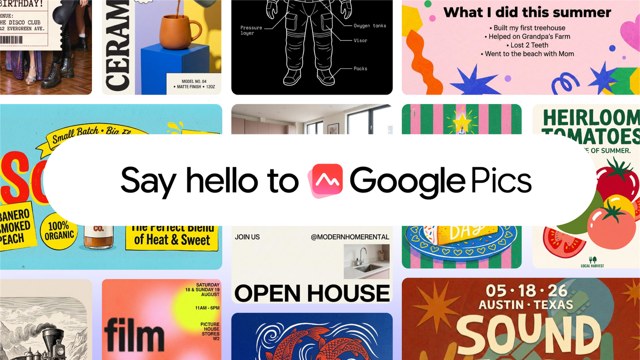 Composição oficial do Google Pics com exemplos de peças gráficas.