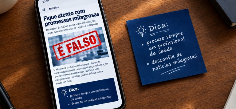 Imagem do Ministério da Saúde com celular e alerta sobre promessas milagrosas.