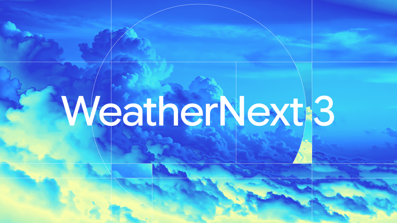 Arte oficial do WeatherNext 3, com nuvens e o nome do modelo.