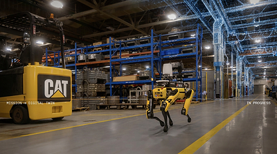 Visualização de instalação industrial no anúncio da Caterpillar e FieldAI.