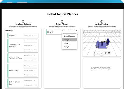 Interface de planejamento de ações do Palladyne IQ.